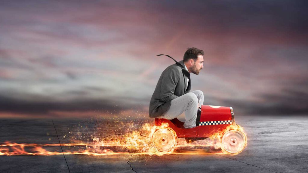 Fast businessman with a car wins against the competitors. Concept of success and competition