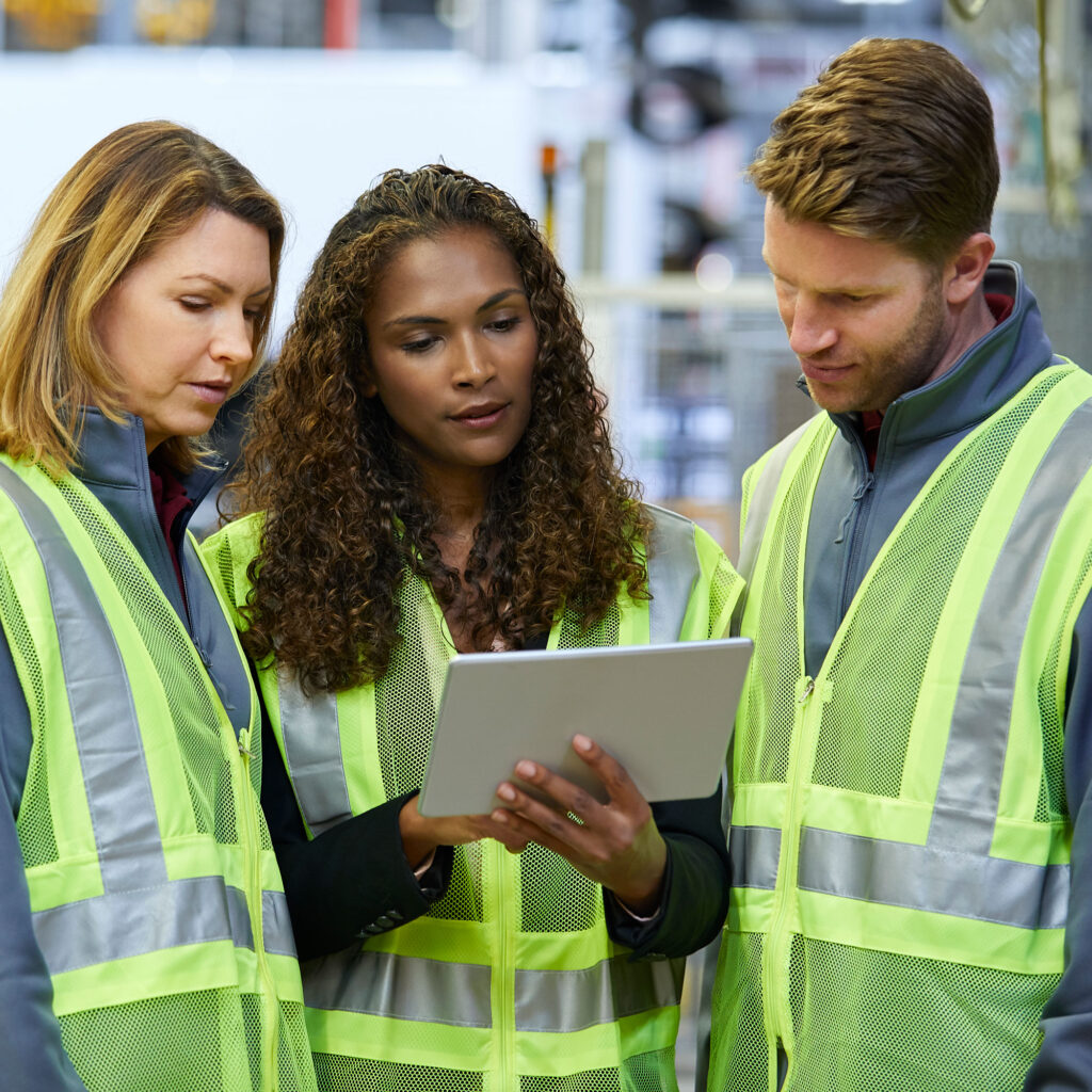 Projektsteuerung verbessern: Projektteam in Produktionshalle prüft Projektdaten auf einem Tablet